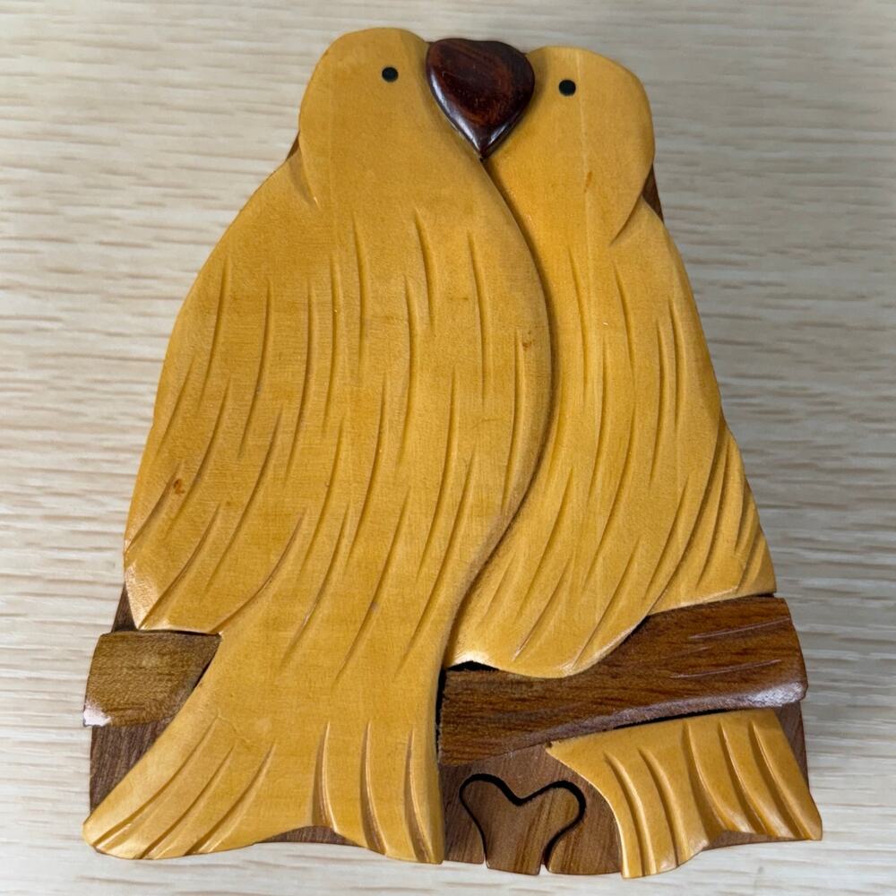 Vintage Love BirdsHandmade Intarsia 3D Wooden Puzzle Secret Jewelry Trinket Box